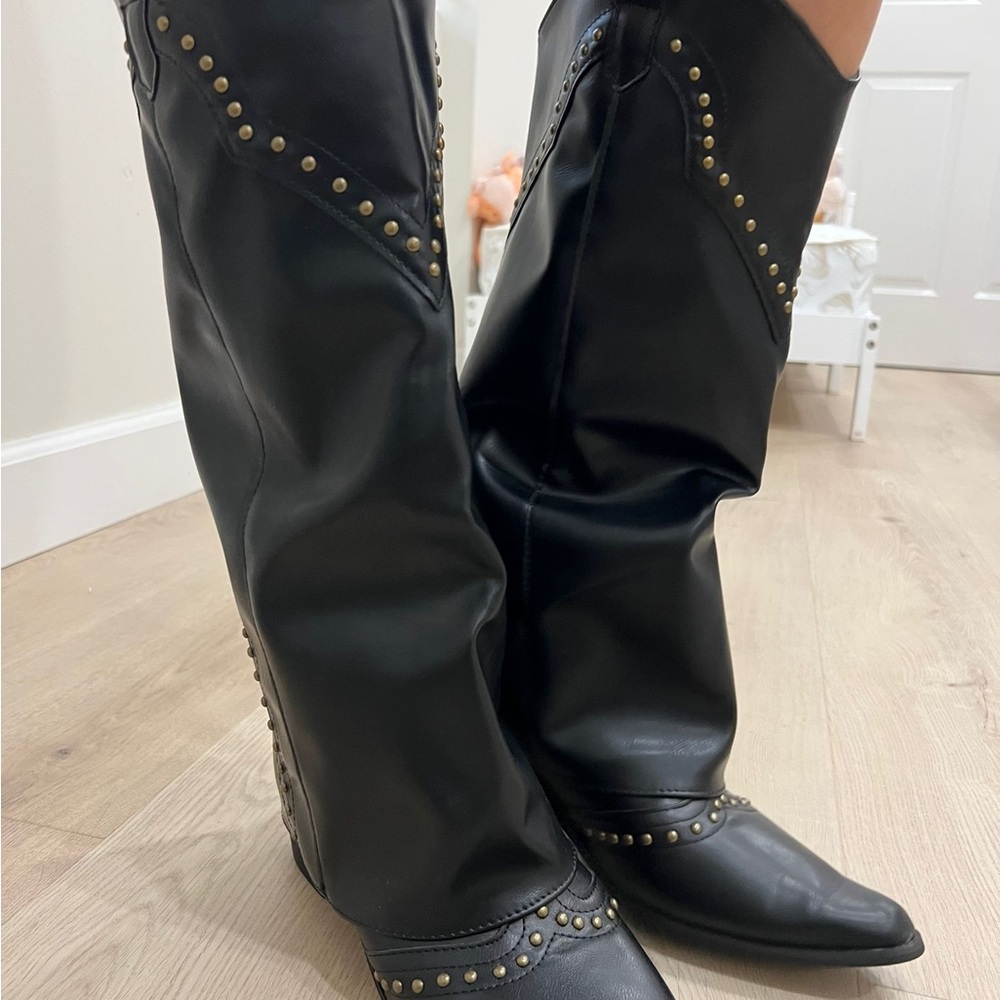 Black Studded Knee-High Boots